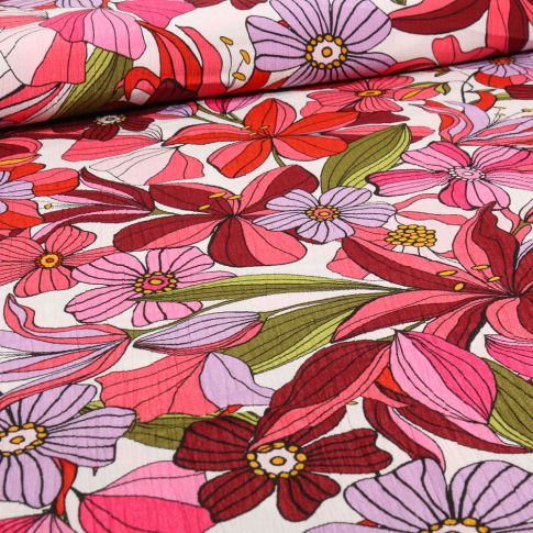 Tissu Viscose texturé fleuris rose sur fond Blanc