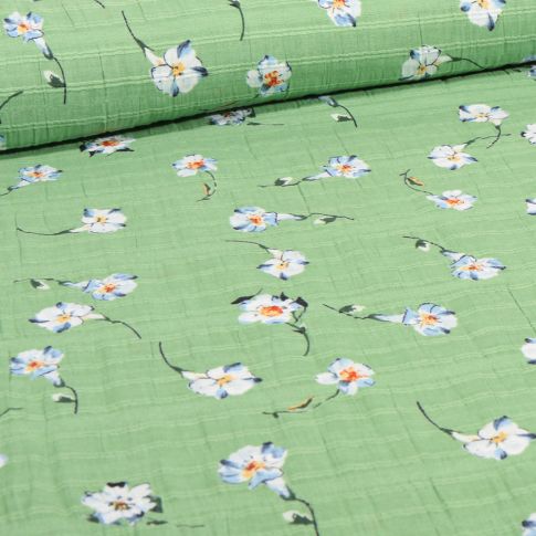 Tissu Voile de Coton brodé extensible Fleuris sur fond Vert menthe
