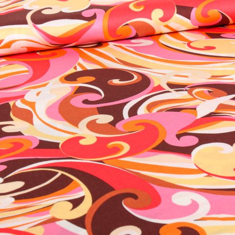 Tissu Viscose satiné Motifs seventies sur fond Rose