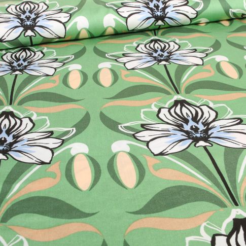 Tissu Viscose satiné Fleur de Lys sur fond Vert menthe