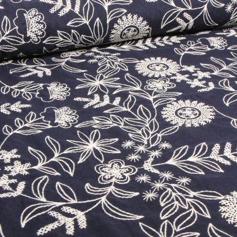Tissu Coton brodé  Jeannie sur fond Bleu marine