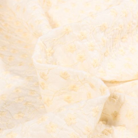 Tissu Voile de Coton Fleurs brodées sur fond Ecru