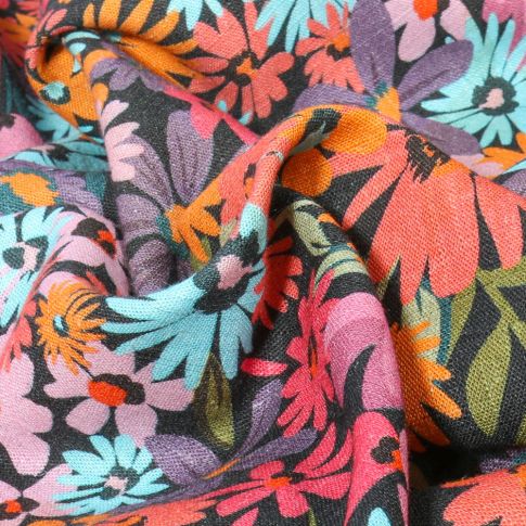 Tissu Viscose Lin imprimé Fleurs roses sur fond Gris anthracite