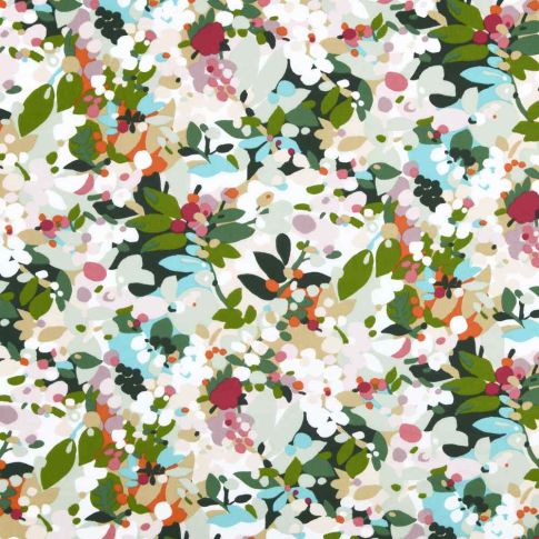 Tissu Toile de Polycoton  Champs Fleuris Printemps sur fond Blanc