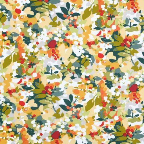 Tissu Toile de Polycoton  Champs Fleuris Eté sur fond Blanc