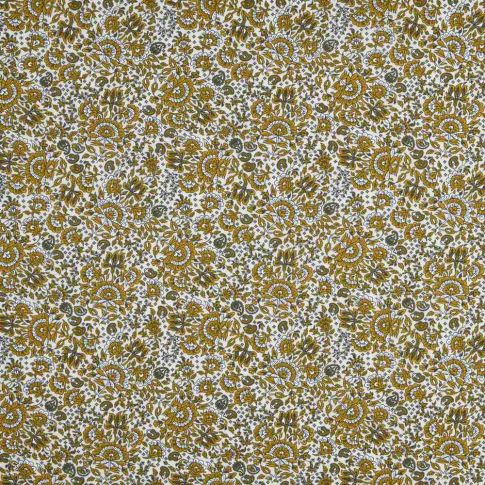Tissu  Coton imprimé fleuri kaki Bloss sur fond Ivoire