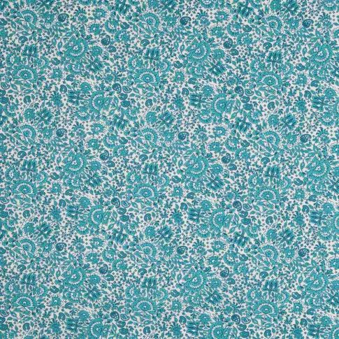 Tissu Coton imprimé fleuri bleu Bloss sur fond Blanc cassé