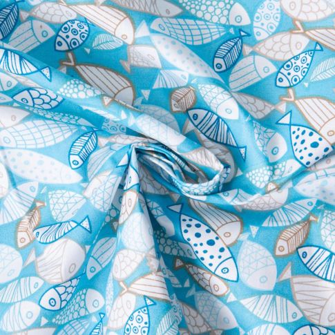 Tissu Coton imprimé Thétys mer de petits poissons sur fond Bleu ciel