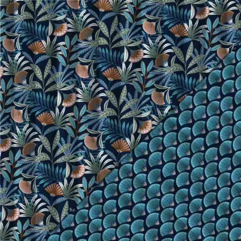 Tissu Matelassé réversible  Tropical sur fond Bleu nuit