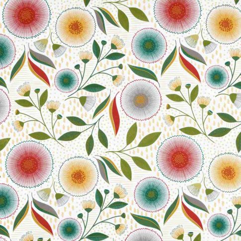 Tissu Coton Cretonne enduit Helena fleurs stylisées Multicolores sur fond Blanc cassé