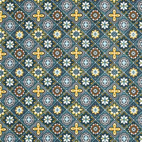 Tissu Toile Cretonne enduit  Marrakech sur fond Bleu canard