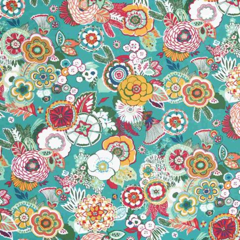 Tissu Toile Cretonne enduit floral Oria sur fond Bleu turquoise