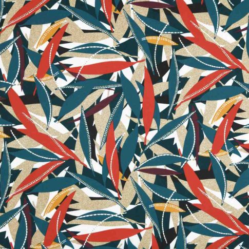 Tissu Toile Cretonne enduit bleu pétrole Tamoa sur fond Beige sable