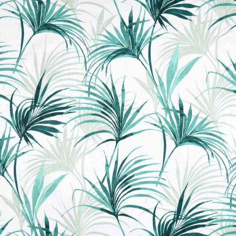Tissus Toile de Coton natté feuillage vert Palma sur fond Blanc pur