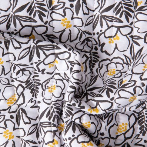 Tissu Coton Matelassé réversible Ray floral Noir et feuillage Jaune sur fond Blanc