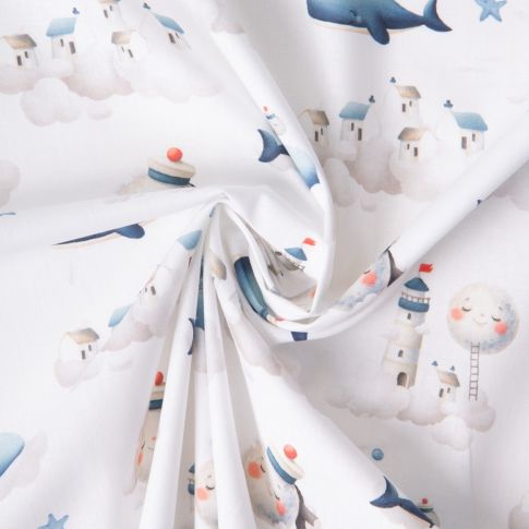 Tissu Coton imprimé  Rêves marins sur fond Blanc