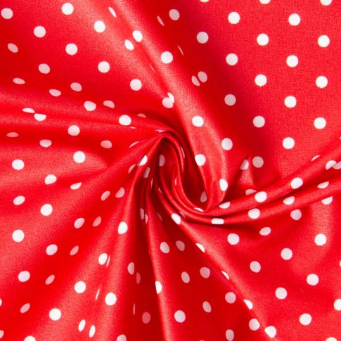 Tissu Coton Enduit pois Dotty blanc sur fond Rouge