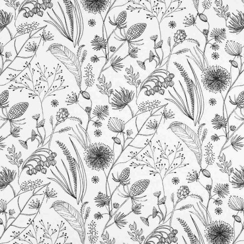 Tissu Toile Savoie enduit fleurs noires Herbia sur fond Blanc