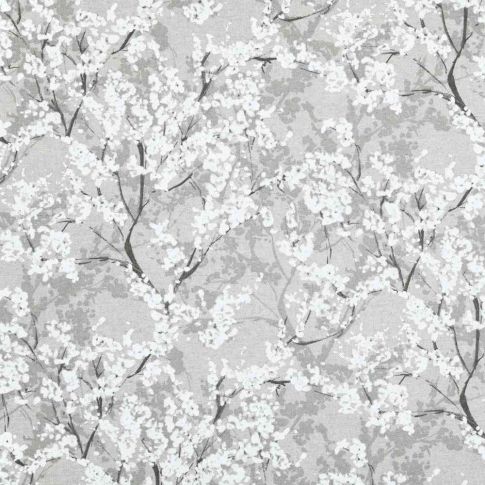 Tissu Toile Savoie fleurs Yoshino sur fond Gris clair