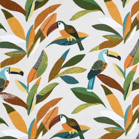 Tissus Toile de Polycoton Toucan Tropik sur fond Ecru