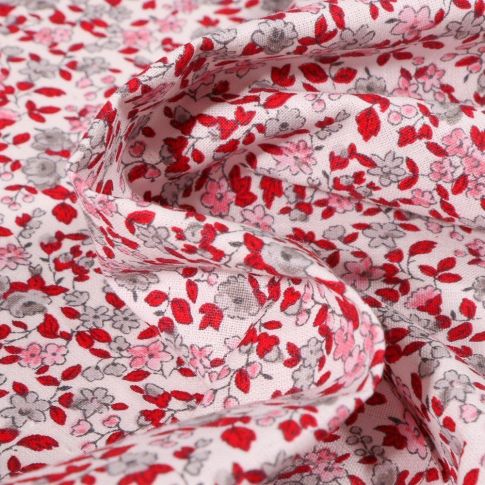 Coupon Tissu Coton imprimé Arty Léonie rose et rouge sur fond Blanc