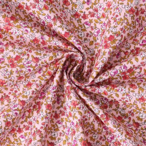 Tissu Coton Cretonne Léonie petites fleurs Rouges sur fond Rose