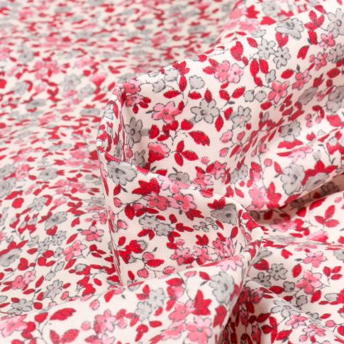 Tissu Coton enduit Léonie gris et rouge sur fond Blanc cassé