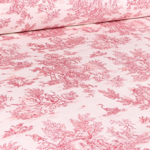 Tissu Coton imprimé grande largeur Jouy rouge sur fond Blanc cassé