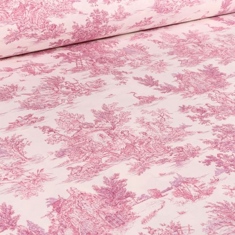 Tissu Coton imprimé grande largeur Jouy rose sur fond Blanc cassé