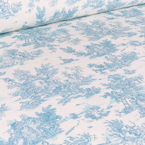 Tissu Coton imprimé grande largeur Jouy turquoise sur fond Blanc cassé