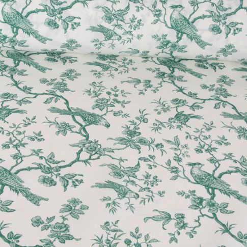 Tissu Coton imprimé aspect toile Mesange Vert sur fond Blanc