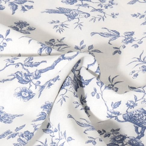 Tissu Coton imprimé Inspiration Jouy bird  bleu sur fond Blanc cassé