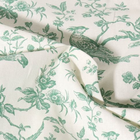 Tissu Coton imprimé Inspiration Jouy bird vert sur fond Ecru
