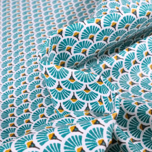 Tissu Coton enduit Eventails emeraude sur fond Bleu outremer