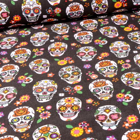 Tissu Coton imprimé Arty Têtes de morts fleuris sur fond Noir