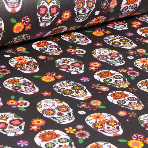 Tissu Coton enduit Têtes de morts fleuris sur fond Noir