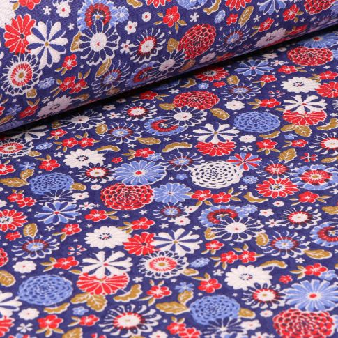 Tissu Coton imprimé Arty Fleurs Vintages sur fond Bleu roi