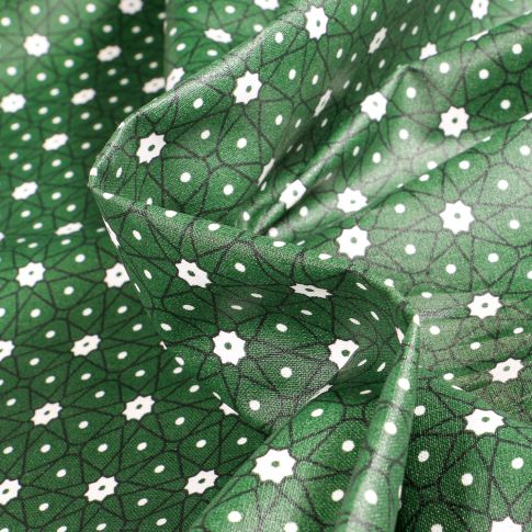 Tissu Coton enduit Etoiles et pois sur fond Vert foncé