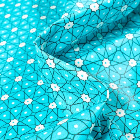 Tissu Coton enduit Etoiles et pois sur fond Bleu turquoise