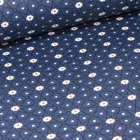 Tissu Coton enduit Etoiles et pois sur fond Bleu marine