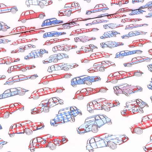 Tissu Coton imprimé Arty Dedeuche bleu blanc rouge sur fond Blanc
