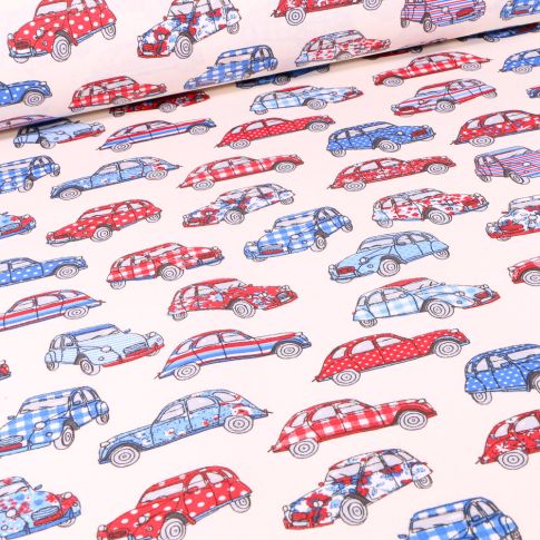 Tissu Coton enduit  Dedeuche bleu blanc rouge sur fond Blanc cassé