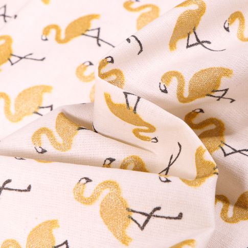 Tissu Coton enduit Flamants dorés sur fond Blanc cassé