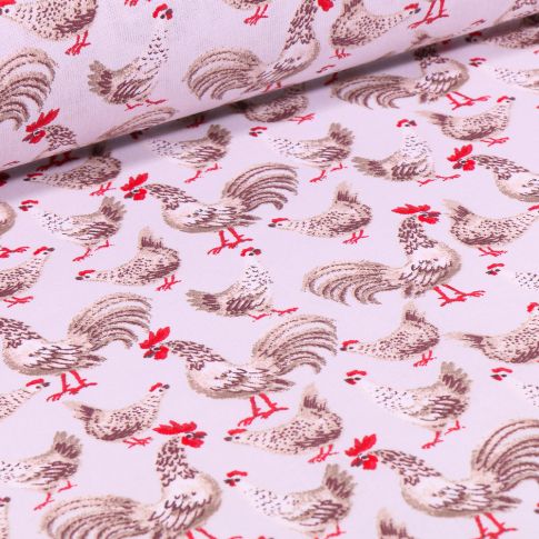 Tissu Coton imprimé Coq beige sur fond Blanc