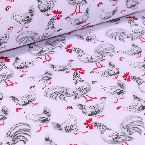 Tissu Coton imprimé Coq gris sur fond Blanc