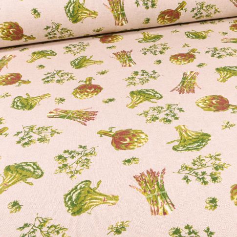 Tissu Toile de Coton Wok vert sur fond Naturel