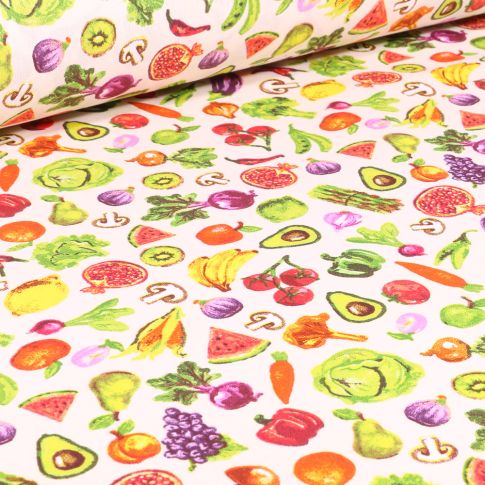 Tissu Coton imprimé Arty Fruits et légumes sur fond Blanc