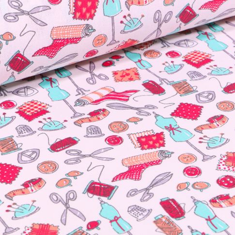 Tissu Coton imprimé Arty Accessoires de couture Corail turquoise sur fond Ecru