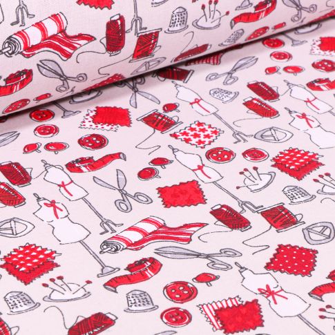 Tissu Coton imprimé Arty Accessoires de couture Rouge sur fond Beige clair