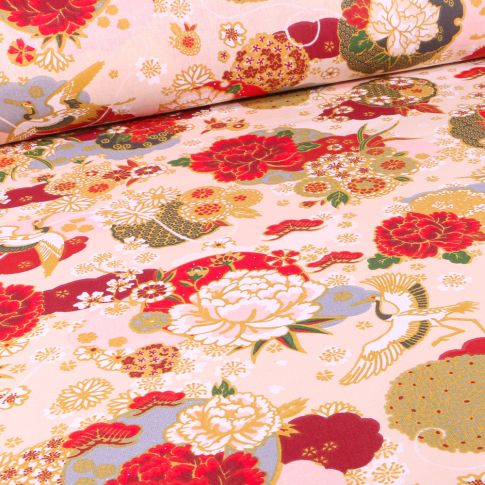 Tissu Coton imprimé Ikebana sur fond Ecru